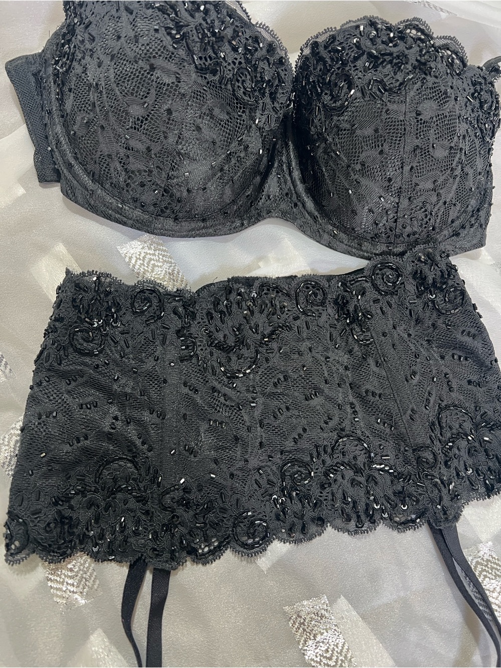 Vintage Y2K Victoria’s Secret Beaded Lace Set Black Pink Label Bra 36C